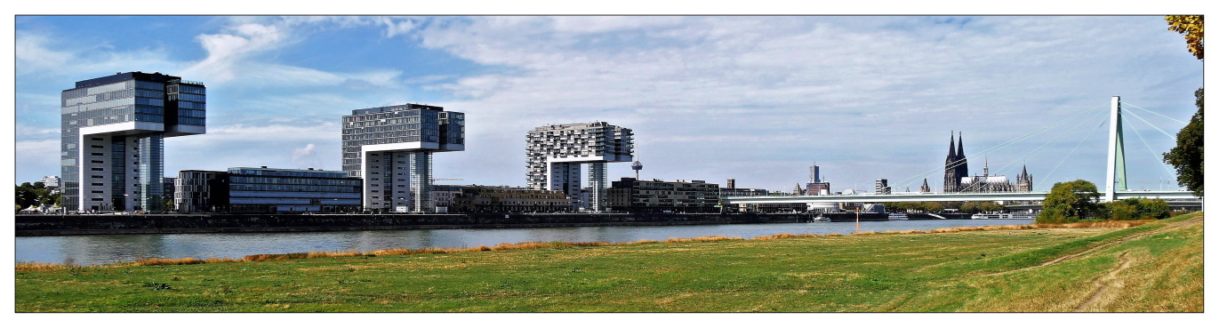 Köln-Panorama: Blick von den Poller Wiesen auf Rhein, Kranhäuser, Fernsehturm Colonius, Severinsbrücke und Dom JK_Koeln_Panorama
